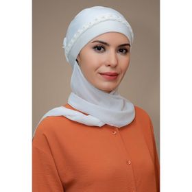 Hürrem Bone 1203A_40 Krem Sandy Kumaş Örgülü Güllü Şifon Atkılı Pratik Hazır Geçmeli Tesettür Bone