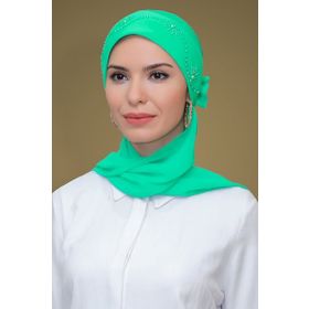 Hürrem Bone 1206A_32 Su Yeşili Sandy Kumaş Güllü İşlemeli Şifon Atkılı Pratik Hazır Geçmeli Tesettür Bone