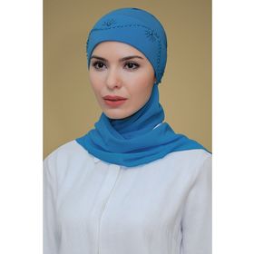 Hürrem Bone 1206A_34 Mavi Sandy Kumaş Güllü İşlemeli Şifon Atkılı Pratik Hazır Geçmeli Tesettür Bone