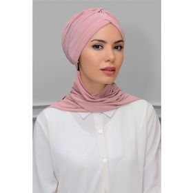 Hürrem Bone 1208A_06 Pudra Sandy Kumaş Taçlı Büzgülü Şifon Atkılı Pratik Hazır Geçmeli Tesettür Bone