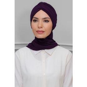 Hürrem Bone 1208A_07 Mürdüm Sandy Kumaş Taçlı Büzgülü Şifon Atkılı Pratik Hazır Geçmeli Tesettür Bone