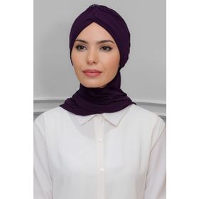 Hürrem Bone 1208A_07 Mürdüm Sandy Kumaş Taçlı Büzgülü Şifon Atkılı Pratik Hazır Geçmeli Tesettür Bone