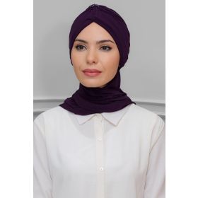 Hürrem Bone 1208A_07 Mürdüm Sandy Kumaş Taçlı Büzgülü Şifon Atkılı Pratik Hazır Geçmeli Tesettür Bone