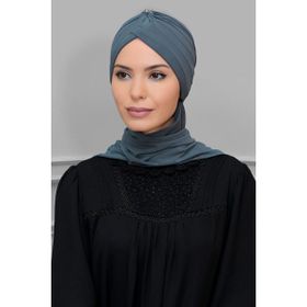 Hürrem Bone 1208A_15 Gri Sandy Kumaş Taçlı Büzgülü Şifon Atkılı Pratik Hazır Geçmeli Tesettür Bone