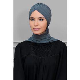 Hürrem Bone 1208A_15 Gri Sandy Kumaş Taçlı Büzgülü Şifon Atkılı Pratik Hazır Geçmeli Tesettür Bone