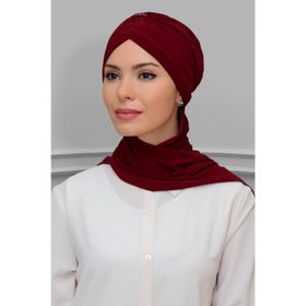 Hürrem Bone 1208A_16 Bordo Sandy Kumaş Taçlı Büzgülü Şifon Atkılı Pratik Hazır Geçmeli Tesettür Bone