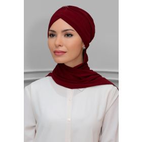 Hürrem Bone 1208A_16 Bordo Sandy Kumaş Taçlı Büzgülü Şifon Atkılı Pratik Hazır Geçmeli Tesettür Bone