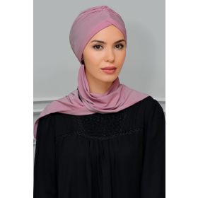 Hürrem Bone 1208A_18 Gül Kurusu Sandy Kumaş Taçlı Büzgülü Şifon Atkılı Pratik Hazır Geçmeli Tesettür Bone