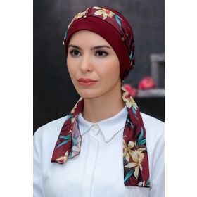 Hürrem Bone 1305D_16 Bordo Sandy Kumaş Desenli Şifon Kemerli Pratik Hazır Geçmeli Tesettür Bone