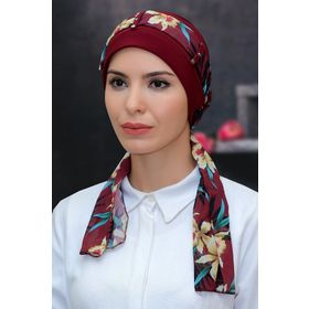 Hürrem Bone 1305D_16 Bordo Sandy Kumaş Desenli Şifon Kemerli Pratik Hazır Geçmeli Tesettür Bone