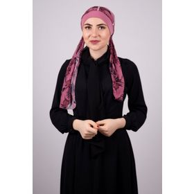 Hürrem Bone 1305D_18 Gül Kurusu Sandy Kumaş Desenli Şifon Kemerli Pratik Hazır Geçmeli Tesettür Bone