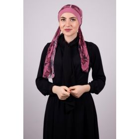 Hürrem Bone 1305D_18 Gül Kurusu Sandy Kumaş Desenli Şifon Kemerli Pratik Hazır Geçmeli Tesettür Bone