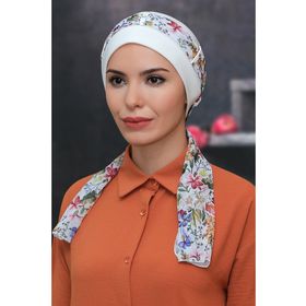 Hürrem Bone 1305D_40 Krem Sandy Kumaş Desenli Şifon Kemerli Pratik Hazır Geçmeli Tesettür Bone