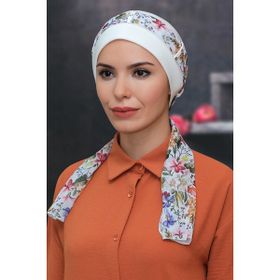 Hürrem Bone 1305D_40 Krem Sandy Kumaş Desenli Şifon Kemerli Pratik Hazır Geçmeli Tesettür Bone