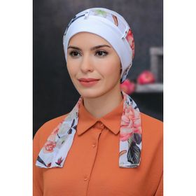 Hürrem Bone 1305D_42 Beyaz Sandy Kumaş Desenli Şifon Kemerli Pratik Hazır Geçmeli Tesettür Bone