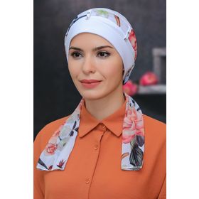 Hürrem Bone 1305D_42 Beyaz Sandy Kumaş Desenli Şifon Kemerli Pratik Hazır Geçmeli Tesettür Bone