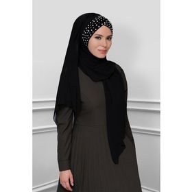 Hürrem Bone 1450_01 Siyah Şifon Kendinden Boneli Taşlı Elişi İşlemeli Pratik Hazır Geçmeli Bone Şal