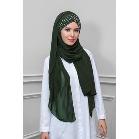 Hürrem Bone 1450_09 Haki Şifon Kendinden Boneli Taşlı Elişi İşlemeli Pratik Hazır Geçmeli Bone Şal