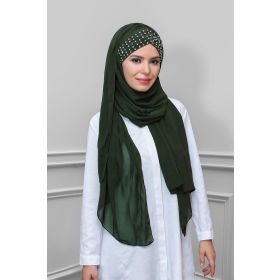 Hürrem Bone 1450_09 Haki Şifon Kendinden Boneli Taşlı Elişi İşlemeli Pratik Hazır Geçmeli Bone Şal