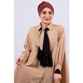 Hürrem Bone 1456-16 Bordo Sandy Kumaş Taşlı Pratik Hazır Geçmeli Tesettür Bone