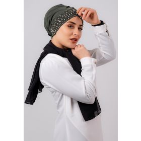 Hürrem Bone 1456_09 Haki Sandy Kumaş Taşlı Pratik Hazır Geçmeli Tesettür Bone