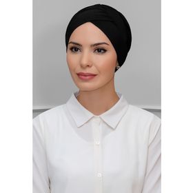 Hürrem Bone 1801_01 Siyah Sandy Kumaş Çapraz Büzgülü Pratik Hazır Geçmeli Tesettür Bone