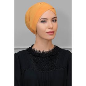 Hürrem Bone 1801_03 Gold Sandy Kumaş Çapraz Büzgülü Pratik Hazır Geçmeli Tesettür Bone