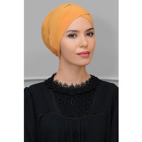 Hürrem Bone 1801_03 Gold Sandy Kumaş Çapraz Büzgülü Pratik Hazır Geçmeli Tesettür Bone
