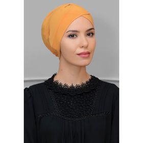 Hürrem Bone 1801_03 Gold Sandy Kumaş Çapraz Büzgülü Pratik Hazır Geçmeli Tesettür Bone