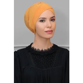 Hürrem Bone 1801_03 Gold Sandy Kumaş Çapraz Büzgülü Pratik Hazır Geçmeli Tesettür Bone
