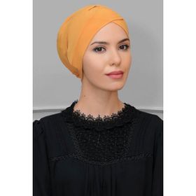 Hürrem Bone 1801_03 Gold Sandy Kumaş Çapraz Büzgülü Pratik Hazır Geçmeli Tesettür Bone