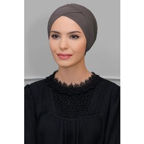 Hürrem Bone 1801_10 Vizon Sandy Kumaş Çapraz Büzgülü Pratik Hazır Geçmeli Tesettür Bone