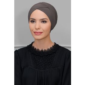 Hürrem Bone 1801_10 Vizon Sandy Kumaş Çapraz Büzgülü Pratik Hazır Geçmeli Tesettür Bone