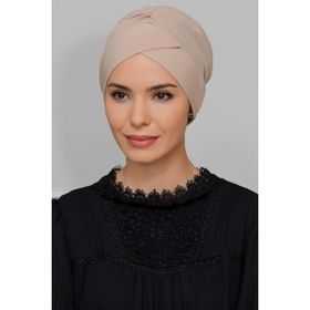 Hürrem Bone 1801_12 Bej Sandy Kumaş Çapraz Büzgülü Pratik Hazır Geçmeli Tesettür Bone