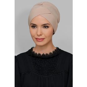 Hürrem Bone 1801_12 Bej Sandy Kumaş Çapraz Büzgülü Pratik Hazır Geçmeli Tesettür Bone