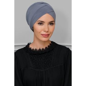 Hürrem Bone 1801_15 Gri Sandy Kumaş Çapraz Büzgülü Pratik Hazır Geçmeli Tesettür Bone