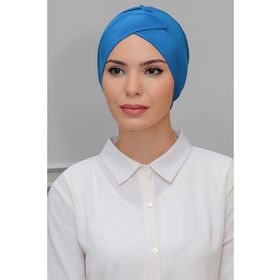Hürrem Bone 1801_34 Mavi Kumaş Çapraz Büzgülü Pratik Hazır Geçmeli Tesettür Bone Sandy