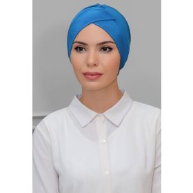 Hürrem Bone 1801_34 Mavi Kumaş Çapraz Büzgülü Pratik Hazır Geçmeli Tesettür Bone Sandy