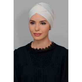 Hürrem Bone 1801_40 Krem Sandy Kumaş Çapraz Büzgülü Pratik Hazır Geçmeli Tesettür Bone