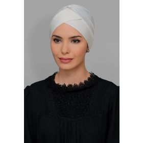 Hürrem Bone 1801_40 Krem Sandy Kumaş Çapraz Büzgülü Pratik Hazır Geçmeli Tesettür Bone