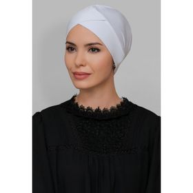 Hürrem Bone 1801_42 Beyaz Sandy Kumaş Çapraz Büzgülü Pratik Hazır Geçmeli Tesettür Bone