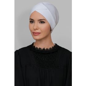 Hürrem Bone 1801_42 Beyaz Sandy Kumaş Çapraz Büzgülü Pratik Hazır Geçmeli Tesettür Bone