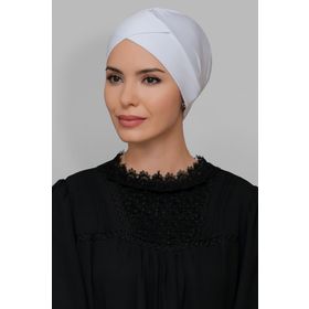Hürrem Bone 1801_42 Beyaz Sandy Kumaş Çapraz Büzgülü Pratik Hazır Geçmeli Tesettür Bone