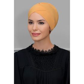 Hürrem Bone 1801_43 Hardal Sandy Kumaş Çapraz Büzgülü Pratik Hazır Geçmeli Tesettür Bone