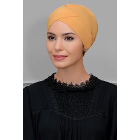 Hürrem Bone 1801_43 Hardal Sandy Kumaş Çapraz Büzgülü Pratik Hazır Geçmeli Tesettür Bone