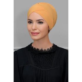 Hürrem Bone 1801_43 Hardal Sandy Kumaş Çapraz Büzgülü Pratik Hazır Geçmeli Tesettür Bone