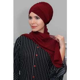 Hürrem Bone 1801A_16 Bordo Sandy Kumaş Çapraz Büzgülü Şifon Atkılı Pratik Hazır Geçmeli Tesettür Bone