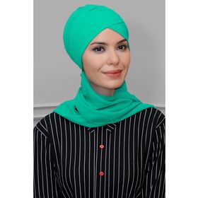 Hürrem Bone 1801A_32 Su Yeşili Sandy Kumaş Çapraz Büzgülü Şifon Atkılı Pratik Hazır Geçmeli Tesettür Bone