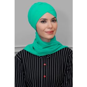 Hürrem Bone 1801A_32 Su Yeşili Sandy Kumaş Çapraz Büzgülü Şifon Atkılı Pratik Hazır Geçmeli Tesettür Bone