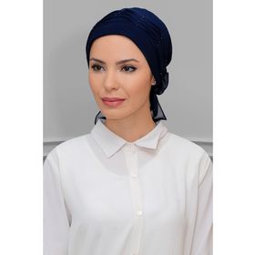 Hürrem Bone 1805_02 Lacivert Sandy Kumaş İncili Pileli Nervürlü Güllü Pratik Hazır Geçmeli Tesettür Bone